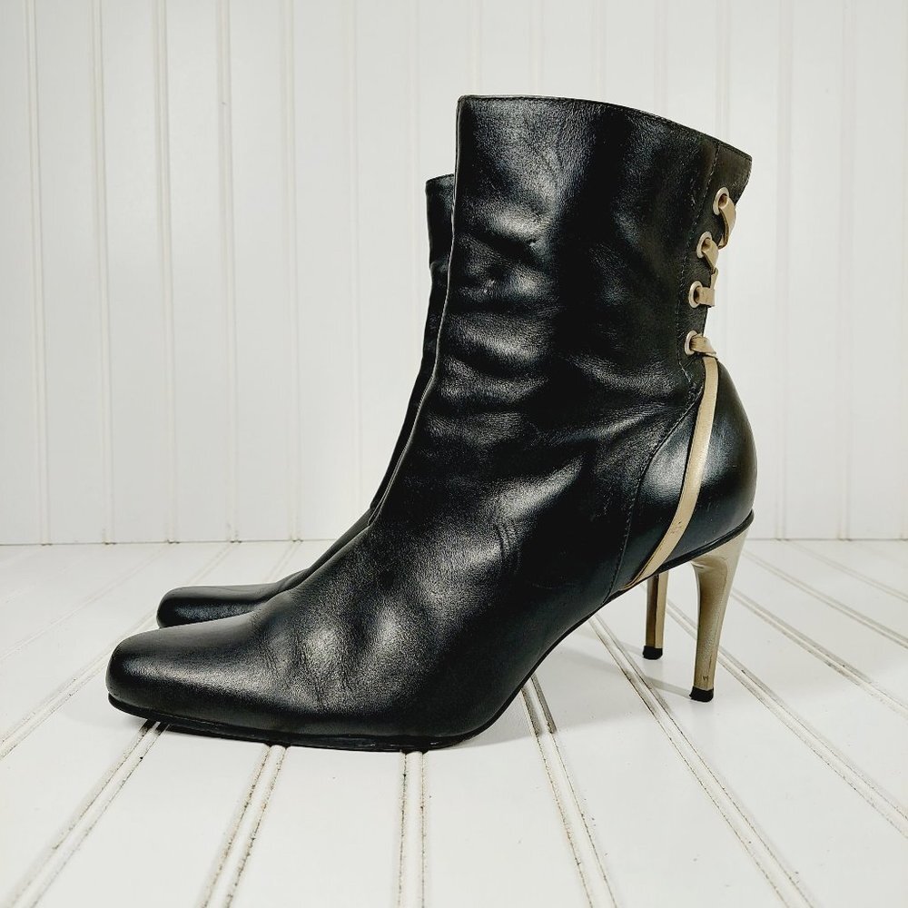 ANDIAMO Black Leather Silver Back Lace High Heel Side Zip Ankle Boots 678